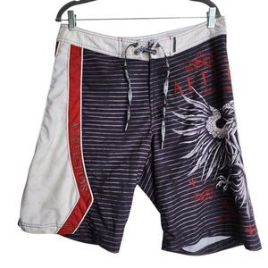 Affliction Board Shorts Men 34 Black Striped Eagle Cross Swim Trunks Graphic Y2K
